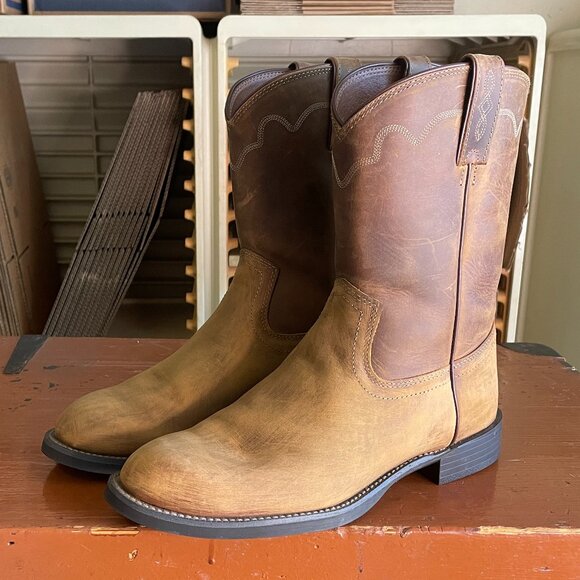 JUSTIN Men's Size 10 D Tan Apache Round Toe Ropers Brown Cowboy Boots 3902 - Picture 1 of 10